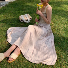 LIZAKOSHT  -  Summer Silky Elastic High Waist Glossy Silky Long Skirt Milk Silk A-line Long Skirts Women Beach Pearlescent Dress