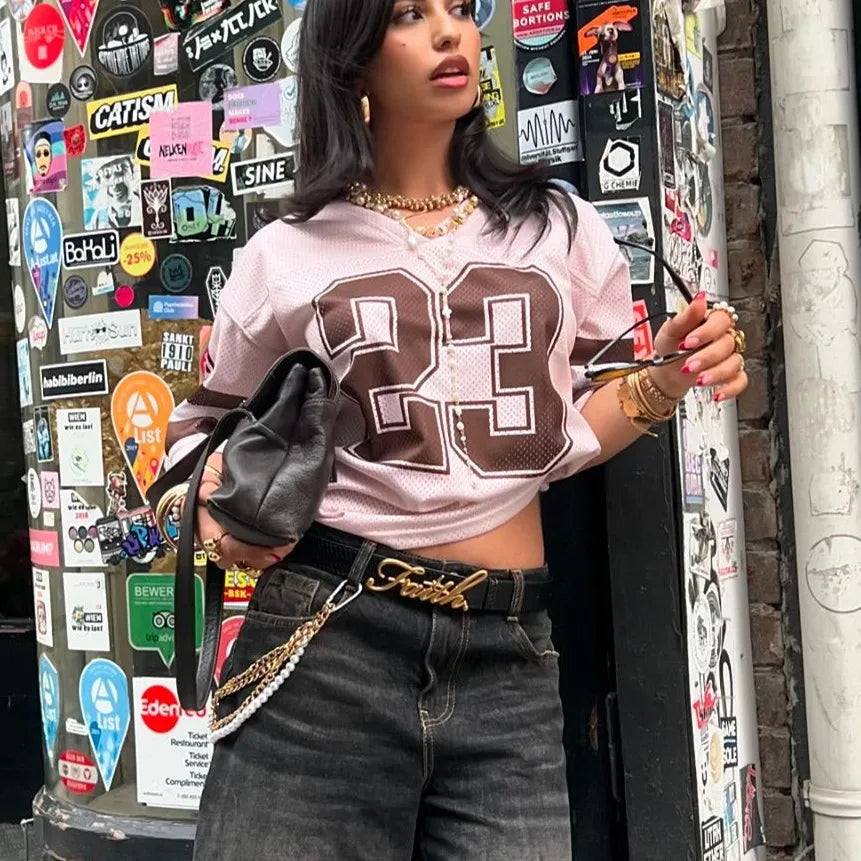 LIZAKOSHT  -  Women Y2k Graphic Oversized Jersey Tee Sporty Aesthetic Number Letter Print Jersey Shirt Preppy Clothes Retro Streetwear