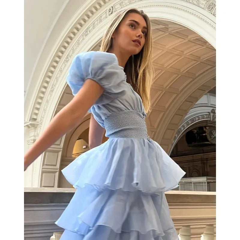 LIZAKOSHT  -  Fashion Lady Sky Blue Tiered Skirt Prom Dress Puff Short Sleeves Lace Up Formal Party Evening Gown Teen Birthday Vestidos