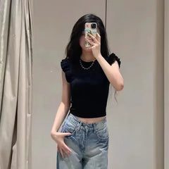 LIZAKOSHT  -  Y2K Woman 2025 Shirts Tops Ruffles Sleeve Cropped T-Shirts Summer Knitted Y2K Top Fashion Tight New Ladies Tops And Blouses