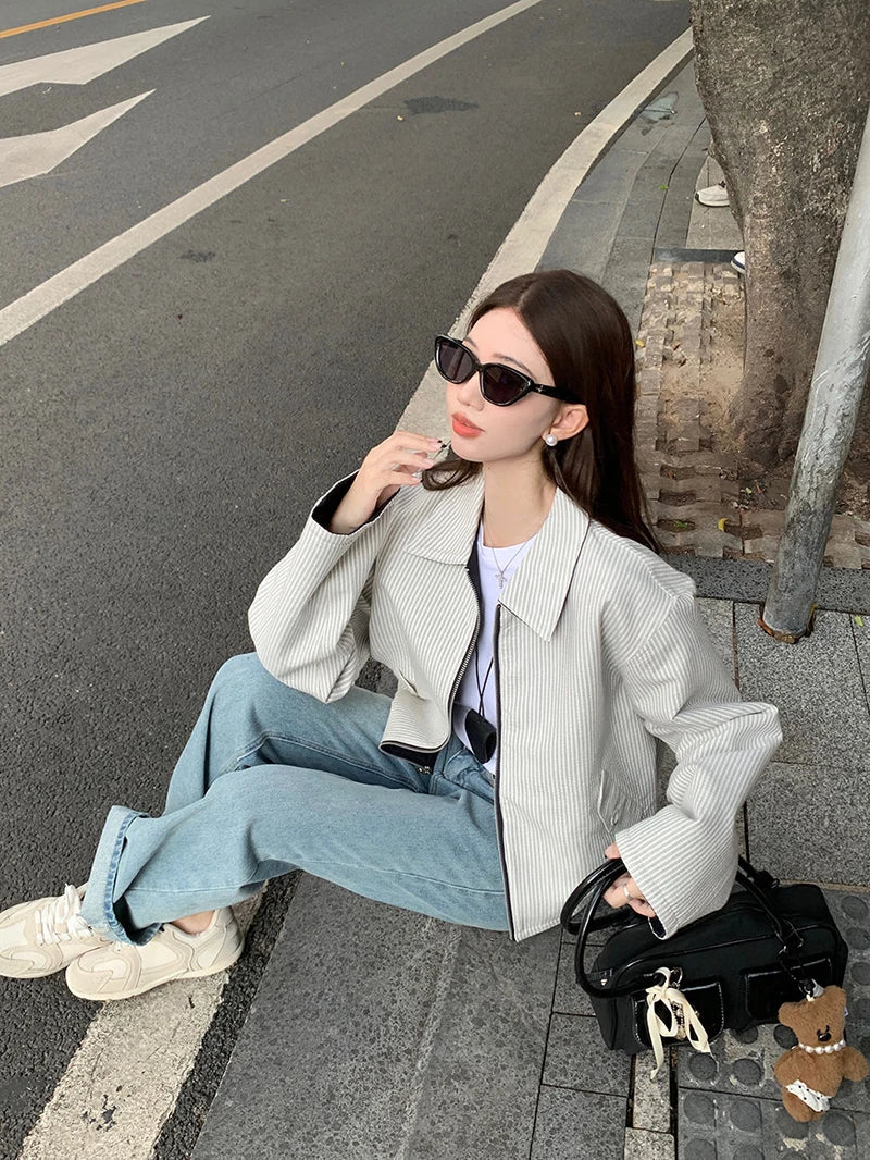 LIZAKOSHT  -  Reversible Jacket Women Spring Fall Simple Vintage Striped Baseball Zipper Chic Golf Outwear Harajuku Classic Commute Tops
