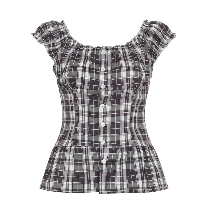 LIZAKOSHT  -  Women Plaid Folds Square Collar Y2K T-shirt Sweet Style Flying Sleeve Buttons Fitted Crop Top Cute Fashion Streetwear