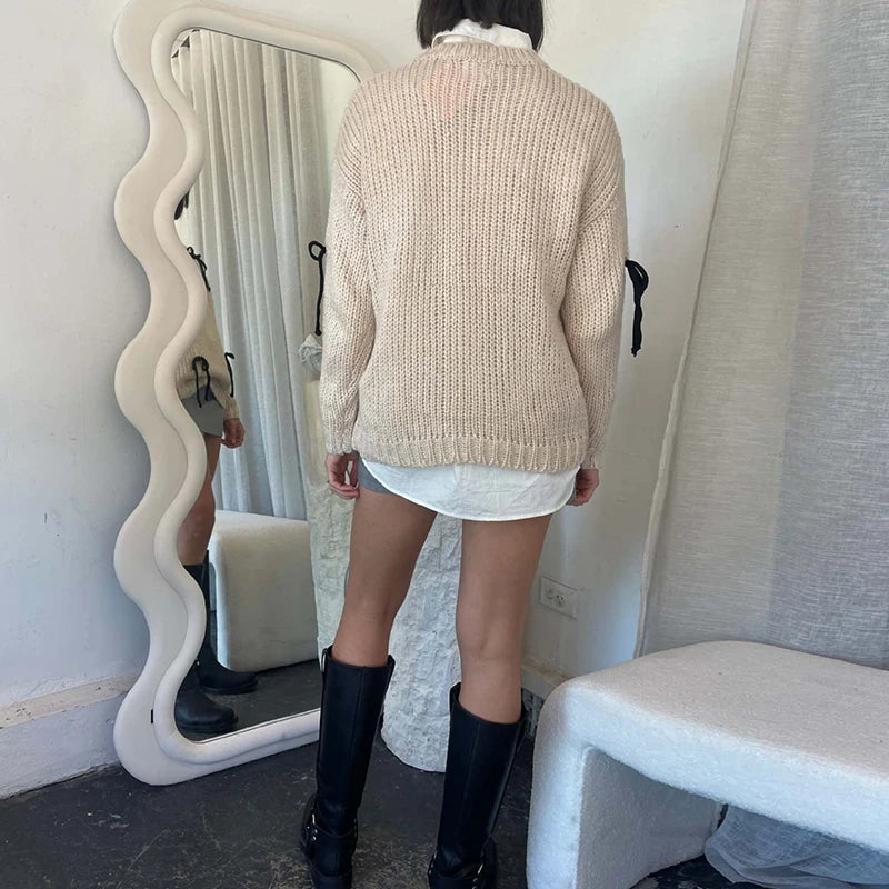 LIZAKOSHT  -  Women Fashion Lace-up Bowknot Sweater Autumn Elegant Round Neck Top Pullover Winter Long Sleeve Loose Streetwear Jumper Harajuku