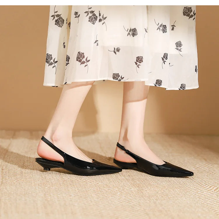 LIZAKOSHT -  Delicate Red Shiny Leather Sandals Woman Slingback Low Heels Shoes Ladies Party Brides Tacones Mujer Pointed Toe Flats Sandalias