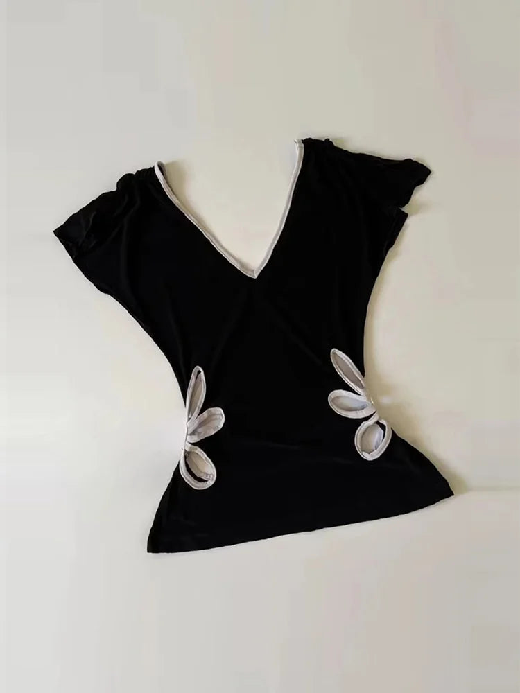 LIZAKOSHT  -  Casual Embroidery T-Shirt Women V Neck Slim Waist Hollow Out Short Sleeves Top Female 2025 Spring Fashion Patchwork Top Lady