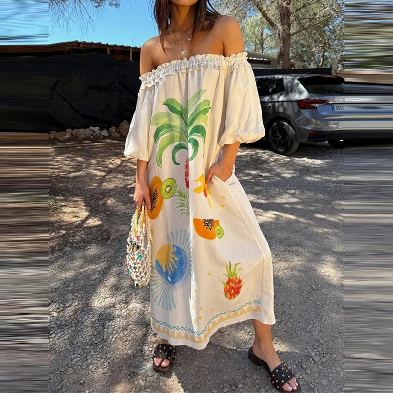 LIZAKOSHT  -  Fruit Printed Loose Vacation Long Dress Leisure Slash Collar Half Sleeve Pocket Dress Summer New High Waist Pleat Linen Dresses