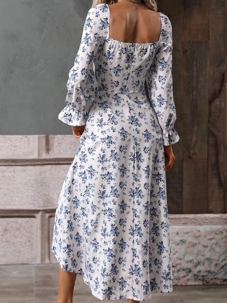 LIZAKOSHT  -  Boho Long Dresses Women Lace Up Side Split Dress Square Collar Long Sleeve Backless Maxi Dress Floral Print Beach Party Vestidos