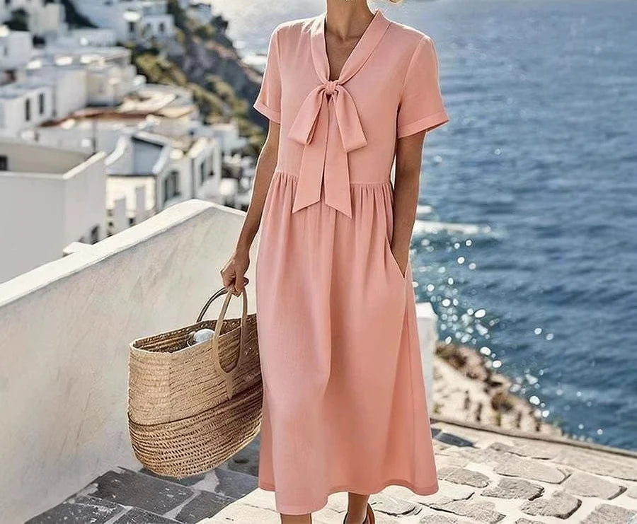 LIZAKOSHT  -  Summer New Bow V-neck Long Short-sleeved Solid Color Dress Temperament Casual Skirt