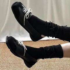 LIZAKOSHT  -  Novelty Lace Up Ballet Sneaker Flats Women Square Toe Splicing Design British Style Mary Jane Shoes Cozy Non-Slip Designer Pumps