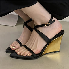 LIZAKOSHT  -  Summer Street Style Design Wedges Heels Women Sandals Buckle Strap Pointed Toe Banquet Ladies Pumps Shoes