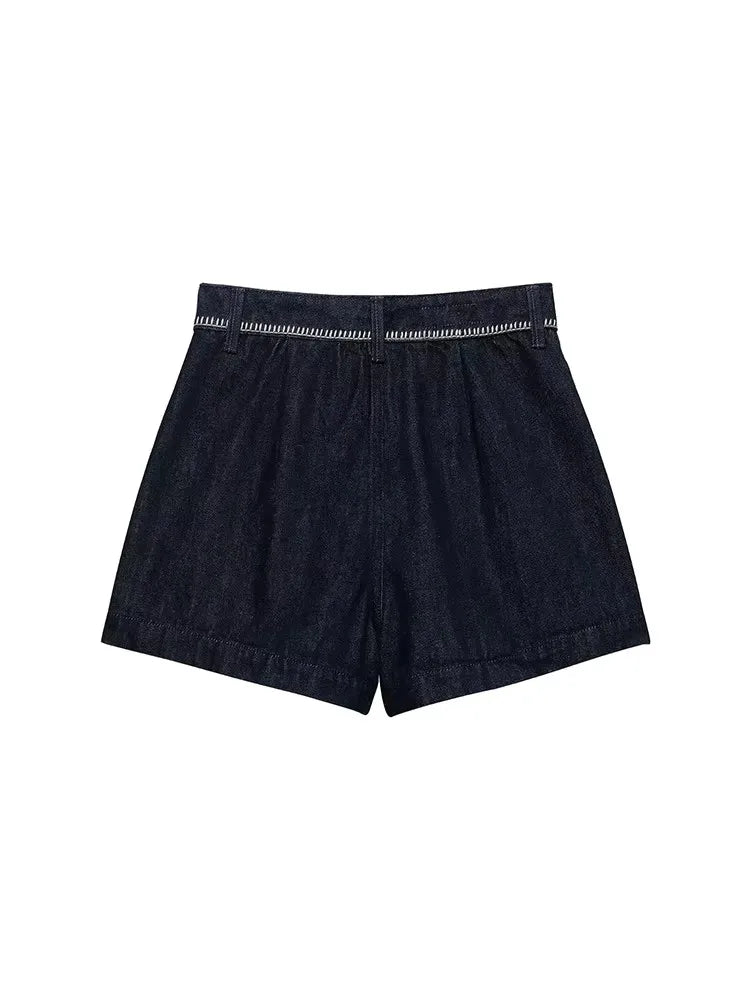 LIZAKOSHT  -  Fashion Denim Shorts For Women Summer 2025 New Casual Black Zipper Pockets Short Pants Chic Bright Line Decoration Mini Shorts