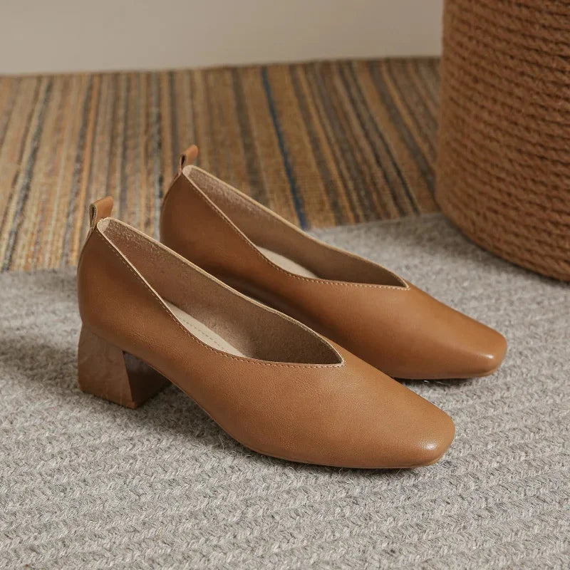LIZAKOSHT  -  Women's Genuine Leather Shoes Soft Bottom Slip-On High Heels Spring Summer Season Square Head Versatile Mid Heel Casual Shoes