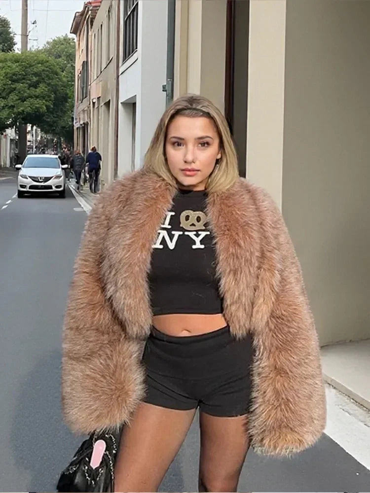 LIZAKOSHT  -  Women Solid Faux Fur Short Coat Elegant Long Sleeve Fluffy Loose Cropped Jacket Lady New Winter Warm High Street Outerwear 2025
