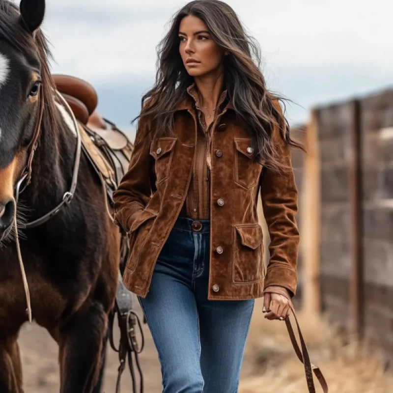 LIZAKOSHT  -  Womens Vintage Suede Lapel Collar Jacket Multi Pocket Military Style Coat Autumn Winter Warm Outerwear Aviator Workwear Fas