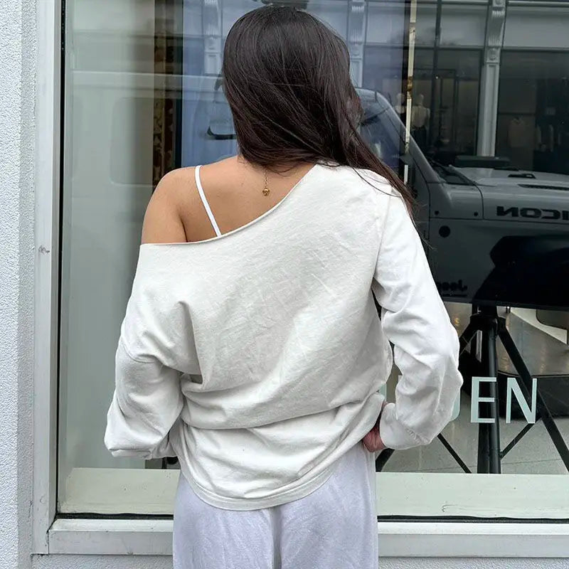 LIZAKOSHT  -  Long-Sleeved Slant Collar Off-Shoulder Solid Color Basic Versatile Loose Sweatshirt Women'S Lazy Style Slimming Outer Top