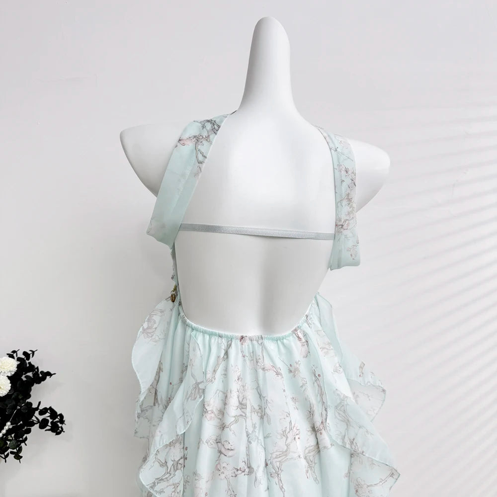 LIZAKOSHT  -  Sweet Lolita Chiffon Midi Dress Women Floral Print Ruffle Layered Halter Strapless Beach Vacation Japanese Fashion Casual Outfit