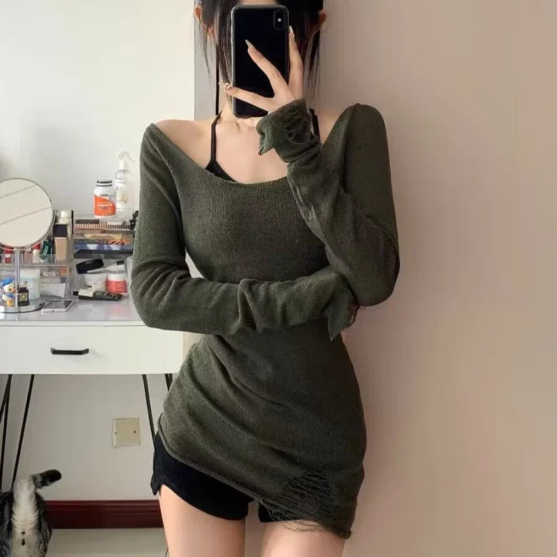 LIZAKOSHT  -  Y2k Vintage Green Sweater Women Kpop Gyaru Knitted Jumper Korean Fashion Slim Sexy Knitwear Distressed Grunge Pullover
