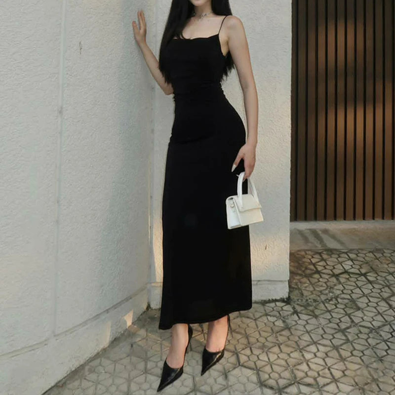 LIZAKOSHT  -  Base Style Casual Sexy Cross Sling Open Back Sleeveless Bodycon Solid Color Long Dress Dating Party Summer Outfit For Women