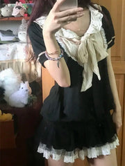 LIZAKOSHT  -  2000s Japan Style Kawaii Lolita Slim Dress Y2k Harajuku Vintage Sweet Summer Short Party Dress Lace Bow Patchwork Mini Dress
