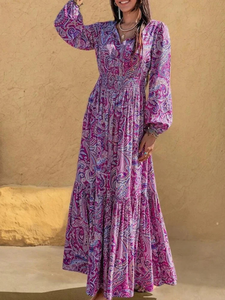 LIZAKOSHT  -  Comfortable and soft long sleeved dress with casual print V-neck drawstring waist cinched Bohemian vacation style women's dress