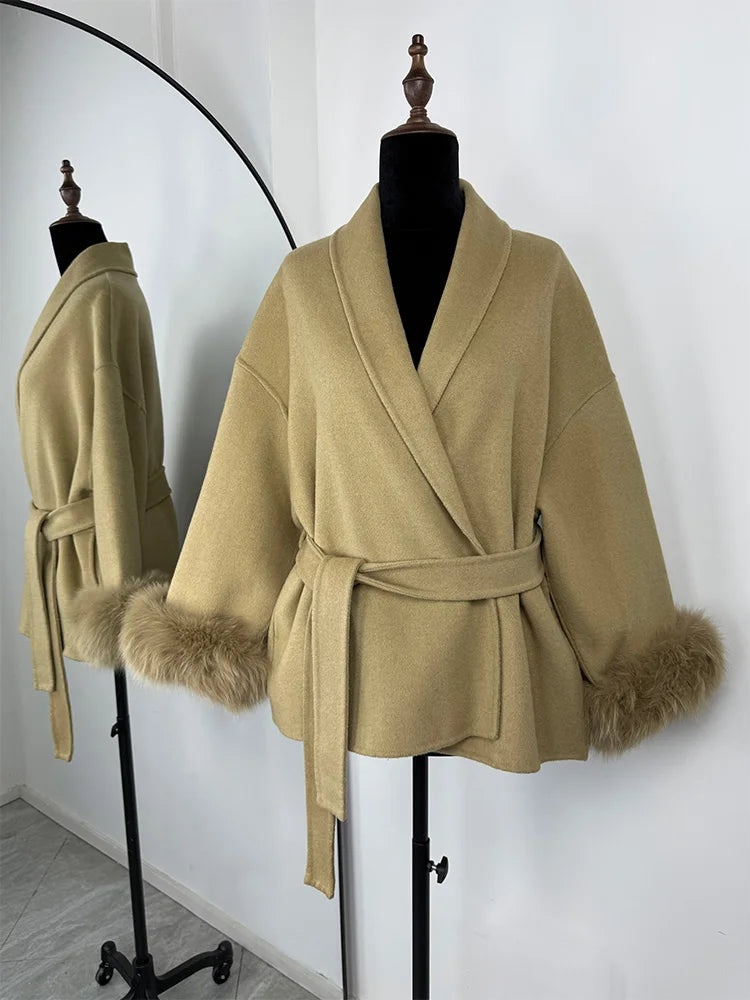 LIZAKOSHT  -  Fox Fur Woolen Women's 2025 Autumn Coat Fashion Patchwork Double-Sided Wool Overcoat Commuter New Elegant Office Jacket