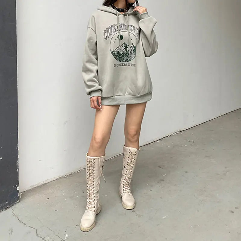 LIZAKOSHT  -  Hooded Printed Strappy Sweatshirt American Campus Style Women'S Pullover Outer Wear Loose Slimming Hot Girl Top