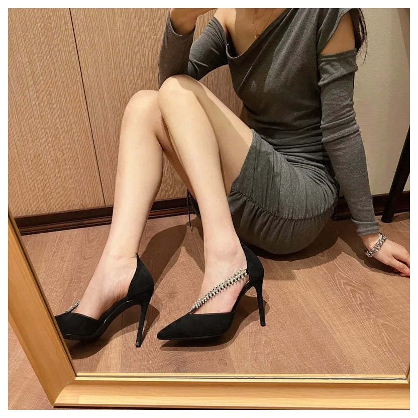 LIZAKOSHT  -  New Fashion Brand Crystal Embellished High Heels Shoes Women Pointed Toe Dress Rhinestone Wedding Party Pumps Black Suede Sandal
