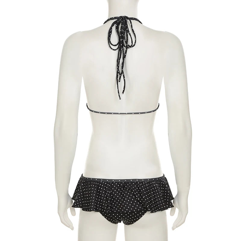 LIZAKOSHT  -  Women Polka Dot Bikini Set Beaches Style Lace-up Halter Camisole and Ruffled Triangle Pants Two Piece Set Vacation