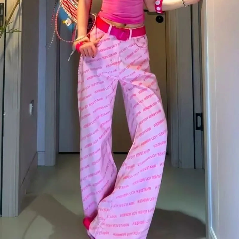 LIZAKOSHT  -  Fashion Spicy Girl Dopamine Pink Letter-printed Trendy Straight-leg Jeans for Women New Niche Loose Slimming and Wide-leg Style