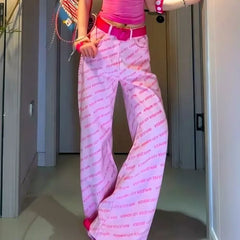 LIZAKOSHT  -  Fashion Spicy Girl Dopamine Pink Letter-printed Trendy Straight-leg Jeans for Women New Niche Loose Slimming and Wide-leg Style