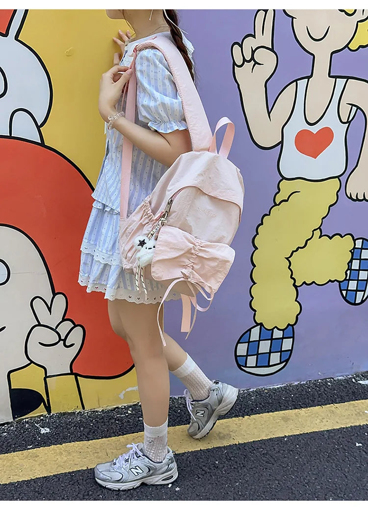 LIZAKOSHT  -  Junior High School Girl Backpack Summer New College Style Bow School Backpack Fashion Candy Colored Pleated Backpack School Bag