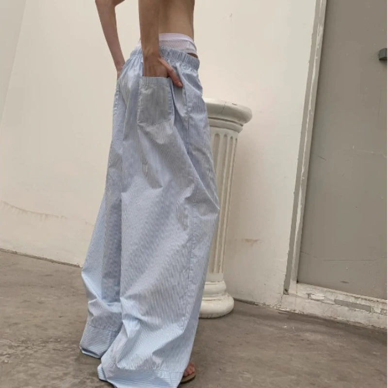 LIZAKOSHT  -  Oversized Y2k Striped Woman's Pants Baggy Harajuku Old Money Casual Basic Trousers Korean Fashion Wide Leg Elastic Waist