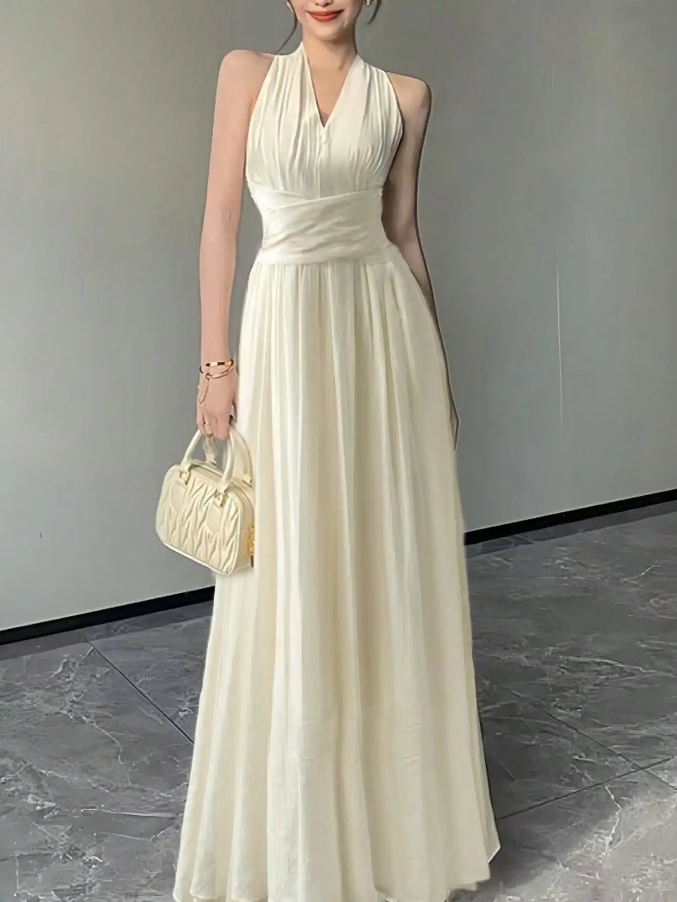 LIZAKOSHT  -  Summer Apricot V Neck Elegant Backless Sexy Club Pleated Vest Long Dress Women High Waist Vacation Slim Evening Party Dress Robe