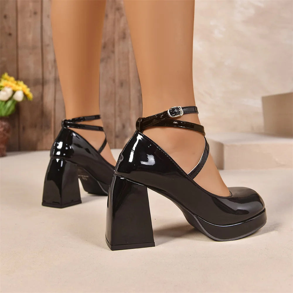 LIZAKOSHT  -  2026 Sweet Cross-strap Pumps Cute Gothic Platform Shoes Women Black Mary Janes 9cm Block High Heels Pumps