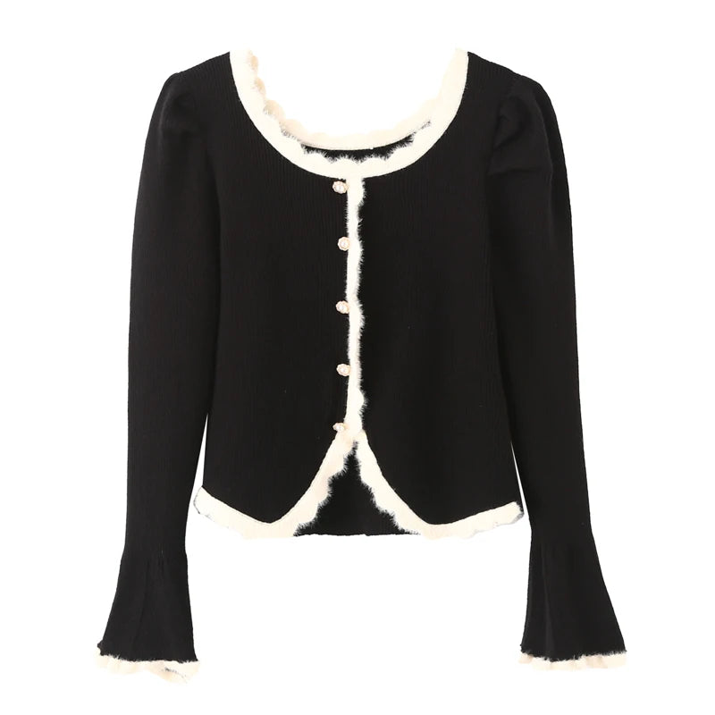 LIZAKOSHT  -  Woman Full Puff Sleeve Sweater Pearl Buttons Knitwear Jumper Autumn Beige Black Color Edged Line Knitted Cardigan