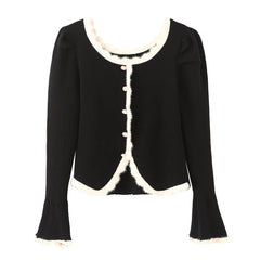 LIZAKOSHT  -  Woman Full Puff Sleeve Sweater Pearl Buttons Knitwear Jumper Autumn Beige Black Color Edged Line Knitted Cardigan