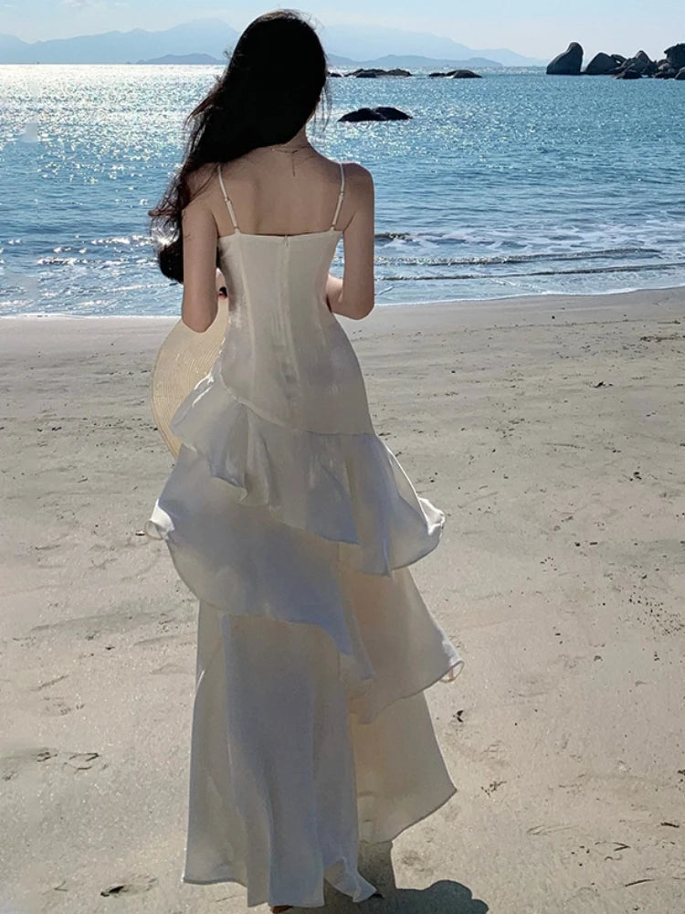 LIZAKOSHT  -  Women Spring Summer French Spaghetti Strap Long Dresses Elegant Female Slim Chic Party  Prom Robe  Fashion One Piece Clothing