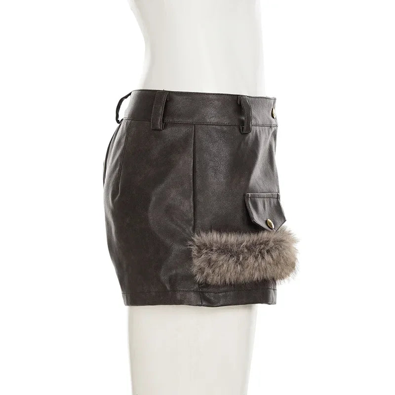 LIZAKOSHT  -  Women Fluffy Faux Fur Patchwork PU Leather Shorts 2025 Fall Winter Button Fly Medium Waist Slim Casual Streetwear Night Clubwear