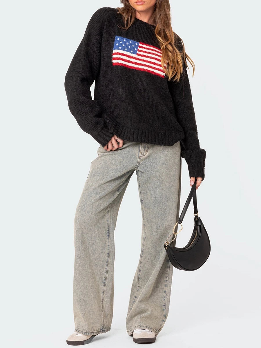 LIZAKOSHT  -  Women s Vintage American Flag Print Sweatshirt Long Sleeve Round Neck Loose Pullover Autumn Winter Tops Patriotic Fashion
