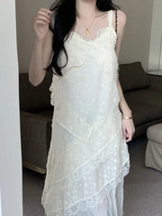 LIZAKOSHT -  Summer Lace Floral Midi Dress Woman Elegant One Piece Dress Korean Fashion Beach Style Sleeveless Casual Sundress Beige