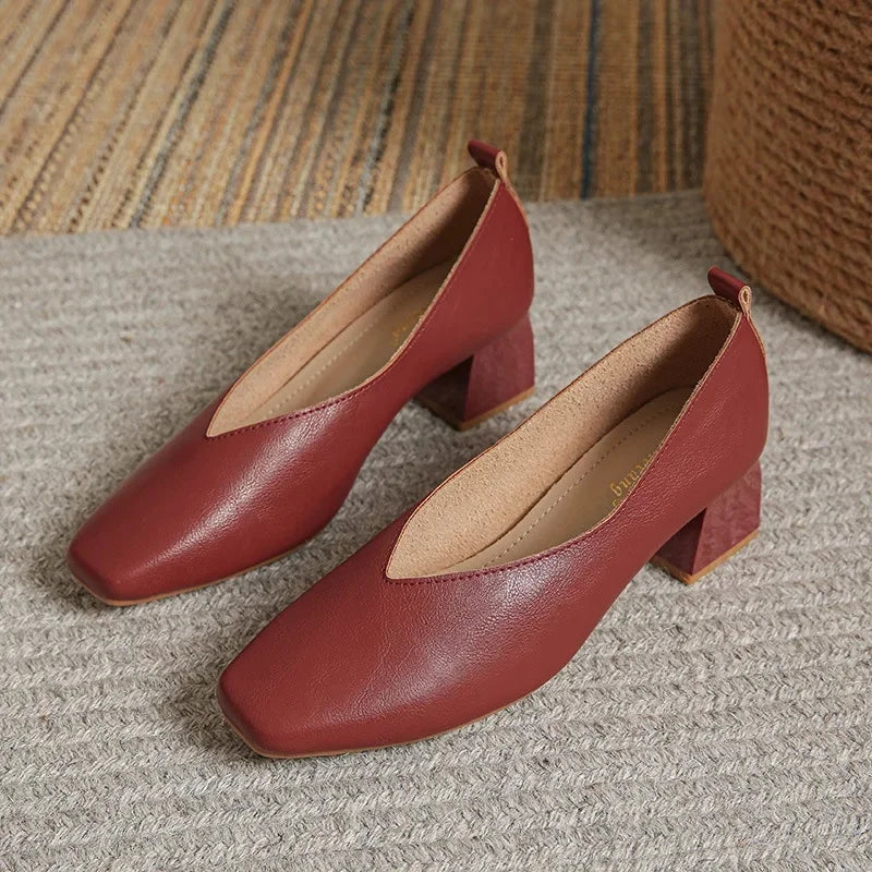 LIZAKOSHT  -  Women's Genuine Leather Shoes Soft Bottom Slip-On High Heels Spring Summer Season Square Head Versatile Mid Heel Casual Shoes