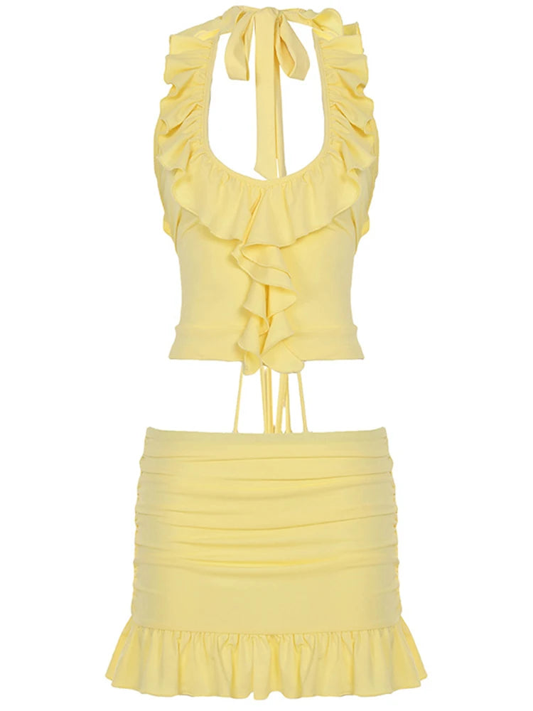 LIZAKOSHT  -  Yellow Layered Ruffles Skirt Set Women's Sexy Slim Fit Floral Edge Backless Halter Top Set 2025 Summer Vacation Street Outfit