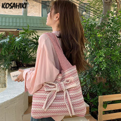 LIZAKOSHT  -  Japanese Gentle Y2k Knitted Shoulder Tote Bags Sweet Casual Contrast Color Underarm Bag Vintage Striped Women Shopping Handbags
