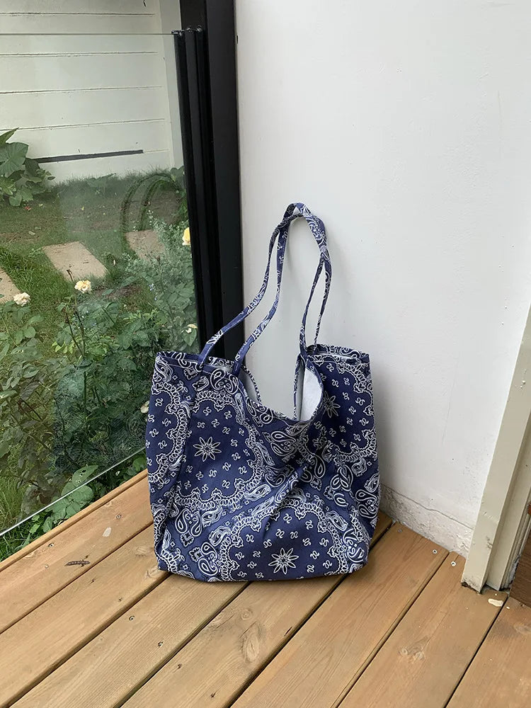 LIZAKOSHT  -  Fashion Student Canvas Bag Large Capacity Handbag Retro Cashew Flower Shoulder Bag Casual Tote For Woman
