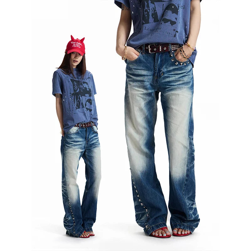 LIZAKOSHT  -  American Vintage Distressed Rivet Patchwork Flare Jeans Women Streetwear Bodycon Full-Length Y2k Retro Denim Pants
