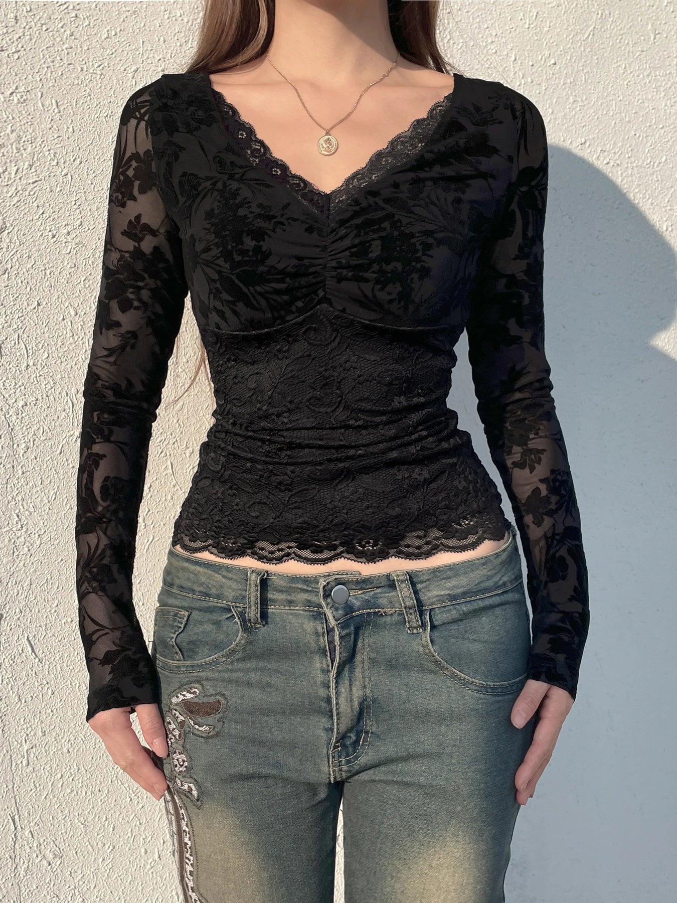 LIZAKOSHT  -  Sweetown Black Lace V-Neck Slim Fit Long Sleeve Women Blouses Sexy Hottie All-Match Chic Fashion Trendy Clothing