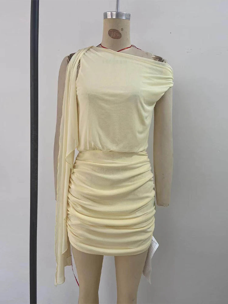 LIZAKOSHT  -  Off-Shoulder Ruched Bodycon Mini Outfit Asymmetric Neck Spring Summer Seaside Cocktail Lady  Chic Resort  Matching Outfit