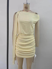 LIZAKOSHT  -  Off-Shoulder Ruched Bodycon Mini Outfit Asymmetric Neck Spring Summer Seaside Cocktail Lady  Chic Resort  Matching Outfit