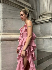 LIZAKOSHT  -  Solid Color Ruffle Camisole Long Dress Woman V Collar Irregular Backless Maxi Dress Lady New Design Street Party Vestidos