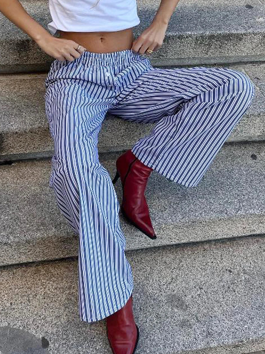 LIZAKOSHT  -  Women's Casual Straight Pants Elastic Waist Plaid/Striped Print Pants Lounge Trousers with Pockets for Daily Life Spring Fall